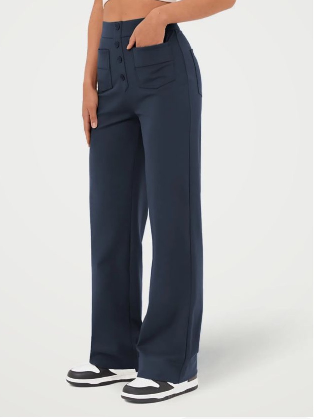 Halara Navy Wide-Leg Button Front Stretch Trouser sz L - Picture 3 of 10